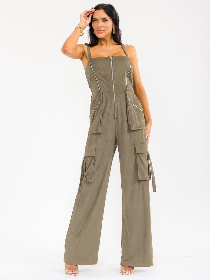 WOMEN'S SLEEVELESS ZIP UP POCKETS WIDE LEG JUMPSUIT