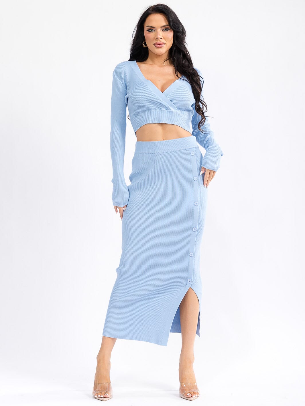 WOMEN'S LONG SLEEVE SURPLICE CROP TOP & ELASTIC WAIST MAXI SKIRT RIBBED 2PC. SET