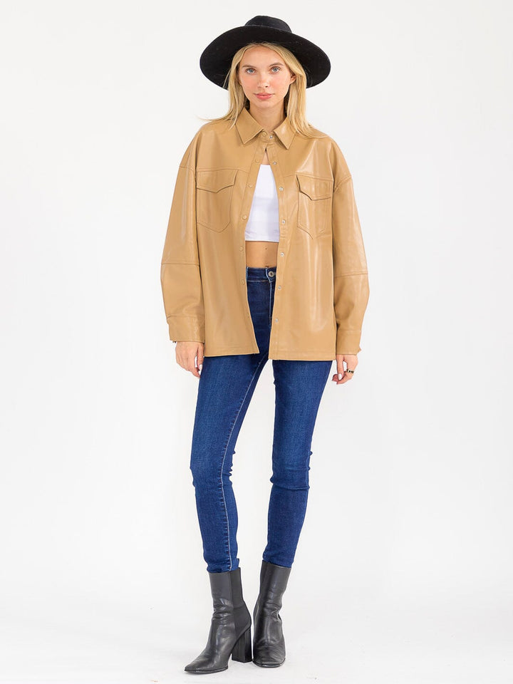 WOMEN'S LONG SLEEVE BUTTON CLOSURE FRONT POCKETS PU PLEATHER JACKET