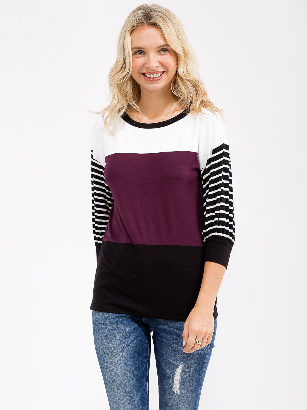 WOMEN'S 3/4 SLEEVE COLORBLOCK STRIPES LOOSE FIT TOP
