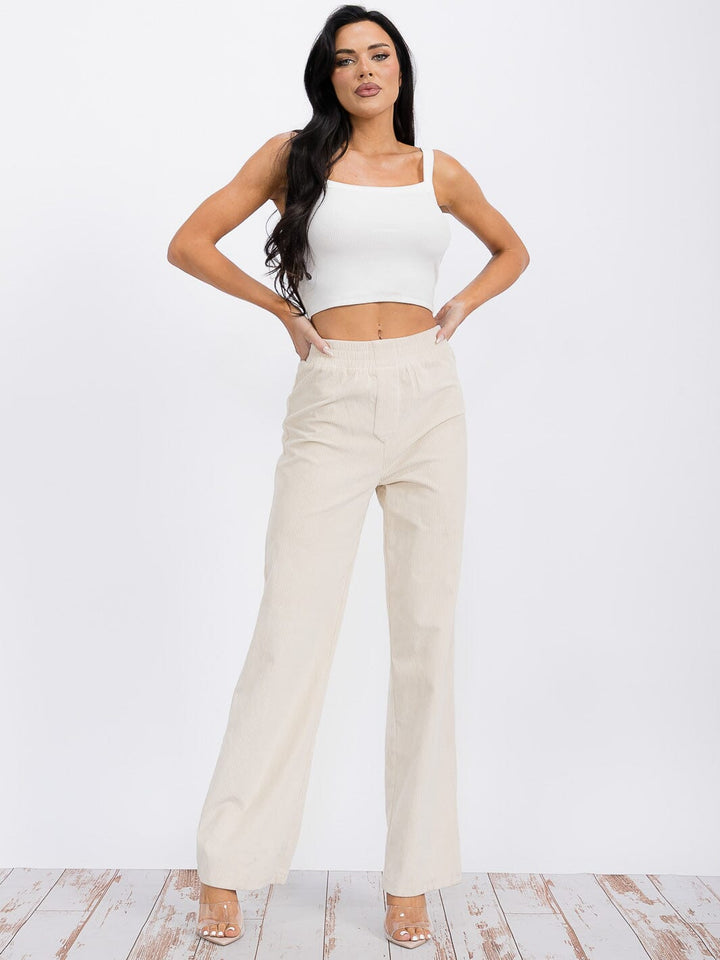 WOMEN'S ELASTIC WAIST WIDE LEG CORDUROY PANTS