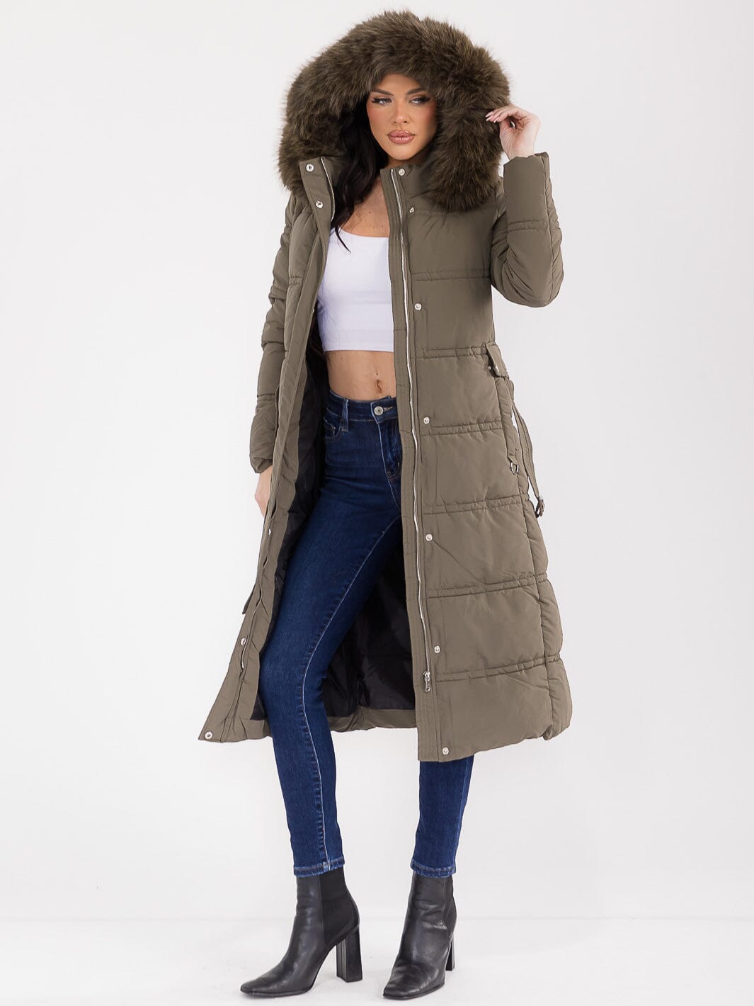 WOMEN'S LONG SLEEVE BUTTON CLOSURE POCKETS BELTED REMOVABLE PUFFER FAUX FUR HOODIE COAT