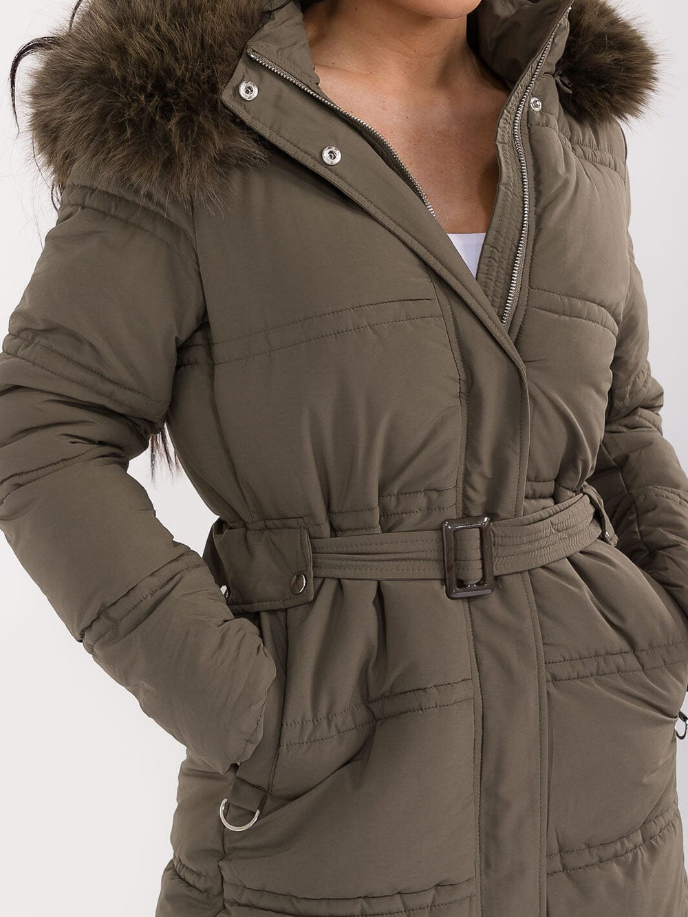 WOMEN'S LONG SLEEVE BUTTON CLOSURE POCKETS BELTED REMOVABLE PUFFER FAUX FUR HOODIE COAT
