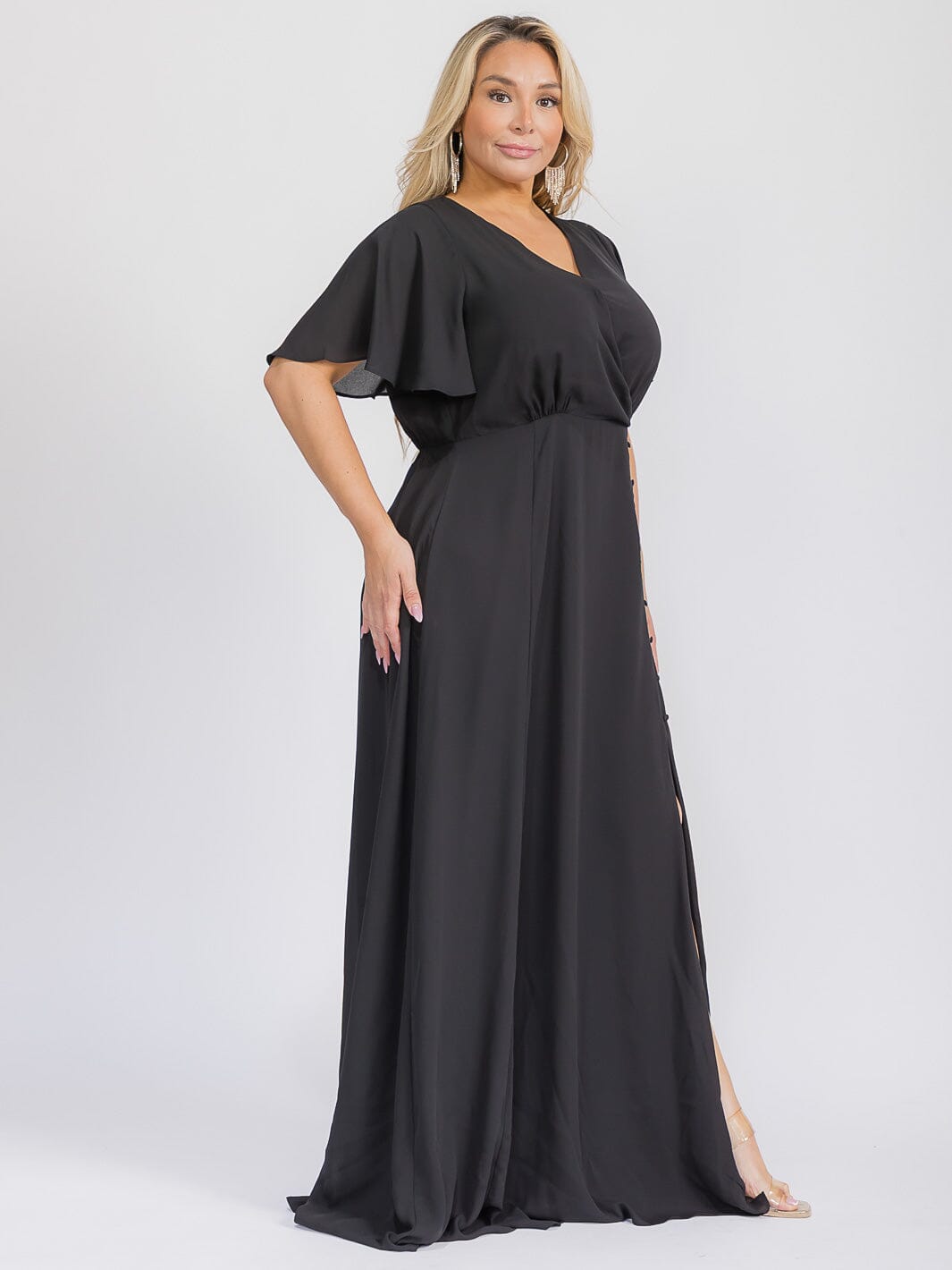 PUS SIZE SHORT SLEEVE V-NECK SURPLICE FRONT SLIT MAXI GOWN DRESS