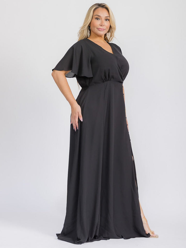 PUS SIZE SHORT SLEEVE V-NECK SURPLICE FRONT SLIT MAXI GOWN DRESS