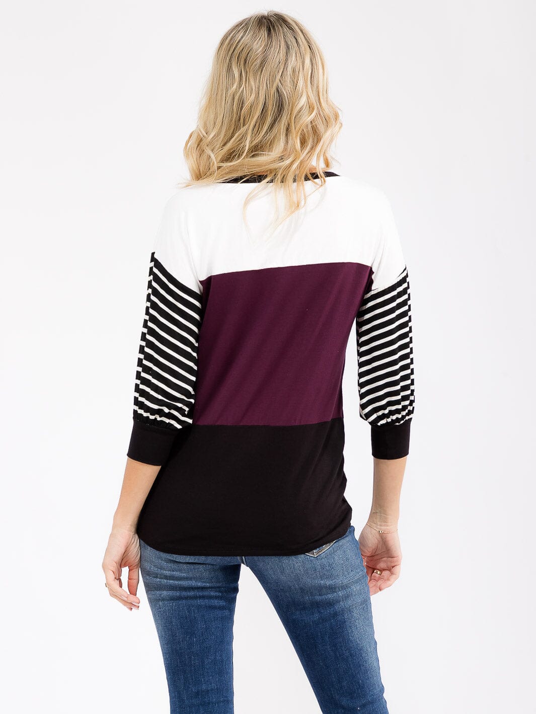 WOMEN'S 3/4 SLEEVE COLORBLOCK STRIPES LOOSE FIT TOP