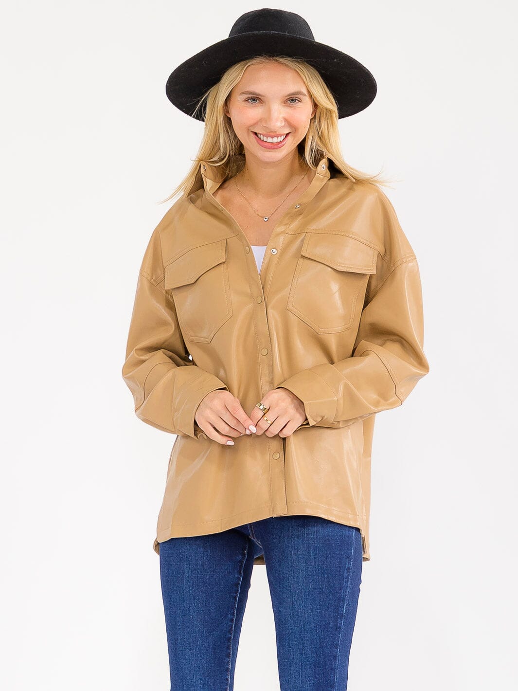 WOMEN'S LONG SLEEVE BUTTON CLOSURE FRONT POCKETS PU PLEATHER JACKET