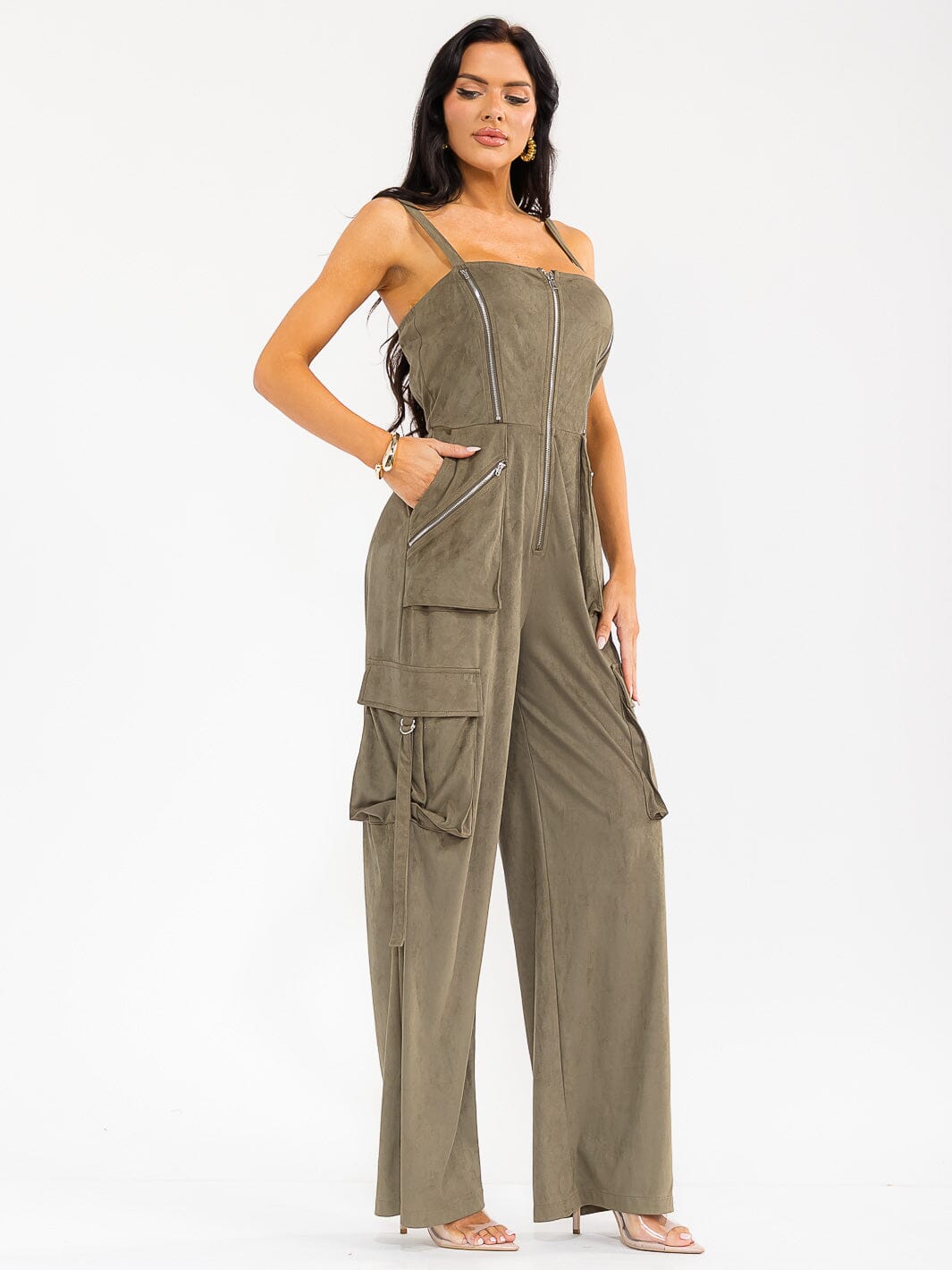 WOMEN'S SLEEVELESS ZIP UP POCKETS WIDE LEG JUMPSUIT