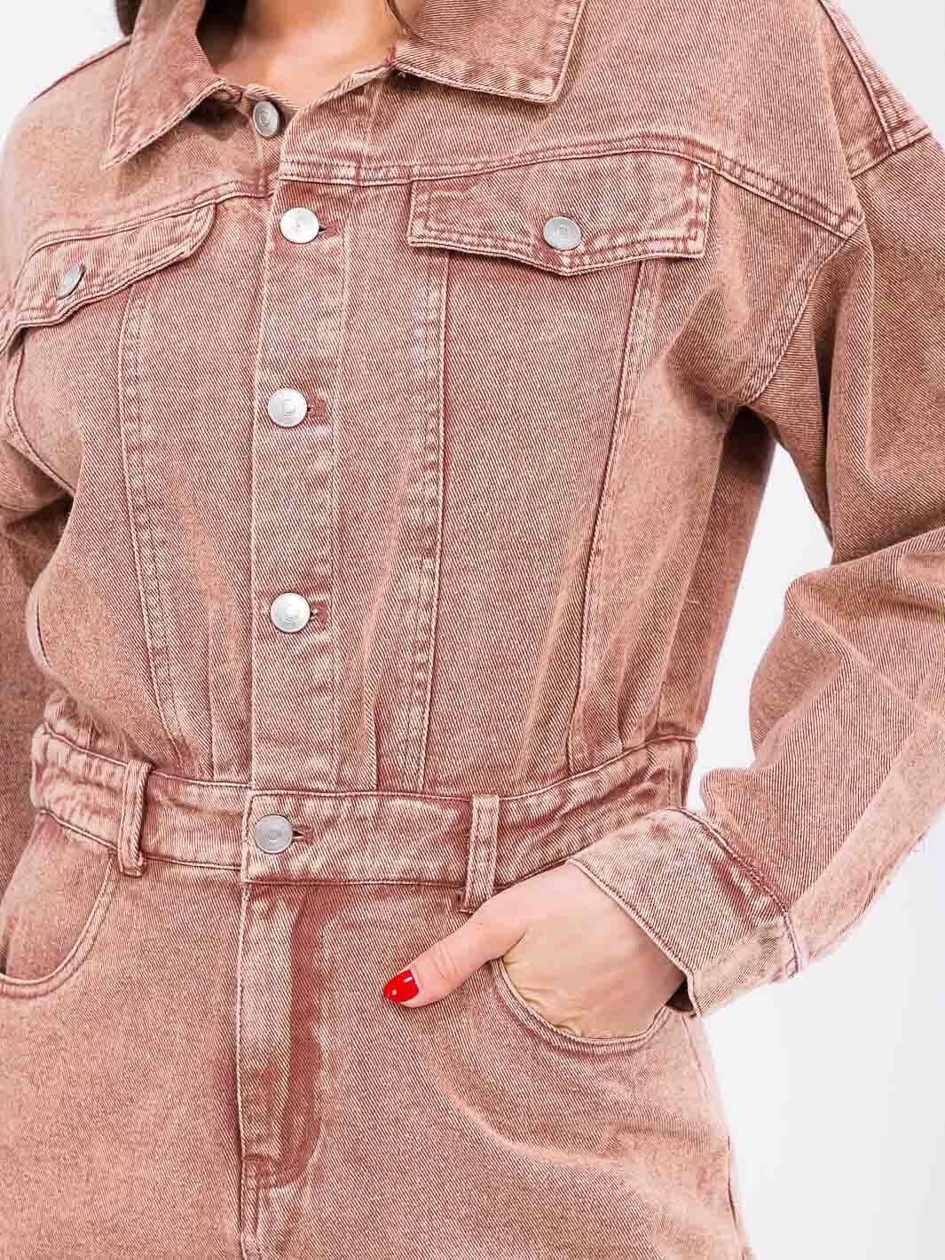 WOMEN'S LONG SLEEVE BUTTON UP POCKETS WASHED DENIM MINI DRESS