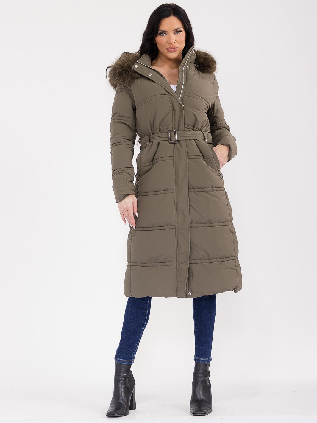 WOMEN'S LONG SLEEVE BUTTON CLOSURE POCKETS BELTED REMOVABLE PUFFER FAUX FUR HOODIE COAT