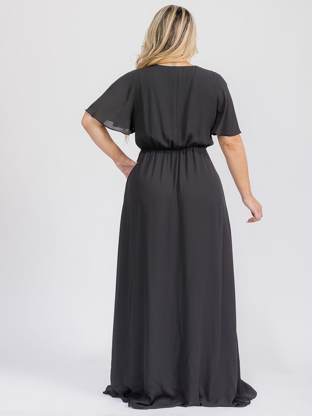 PUS SIZE SHORT SLEEVE V-NECK SURPLICE FRONT SLIT MAXI GOWN DRESS