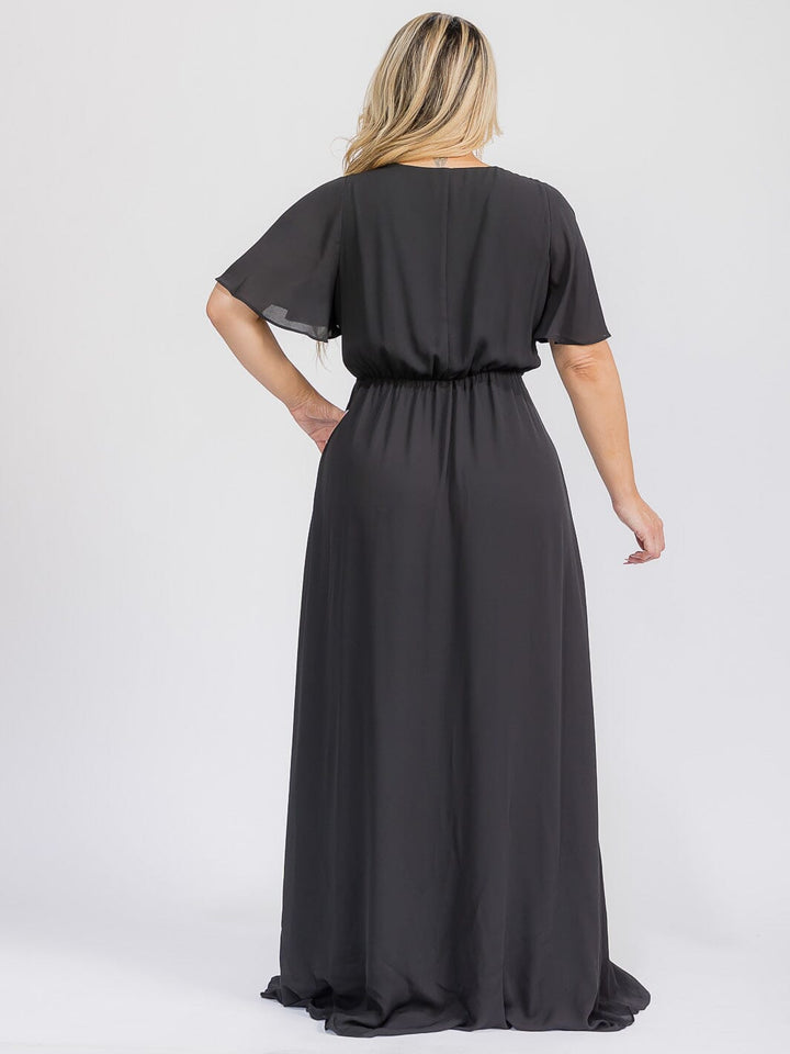 PUS SIZE SHORT SLEEVE V-NECK SURPLICE FRONT SLIT MAXI GOWN DRESS