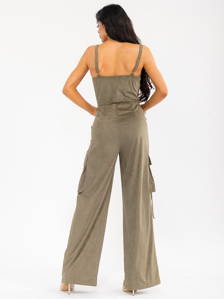 WOMEN'S SLEEVELESS ZIP UP POCKETS WIDE LEG JUMPSUIT