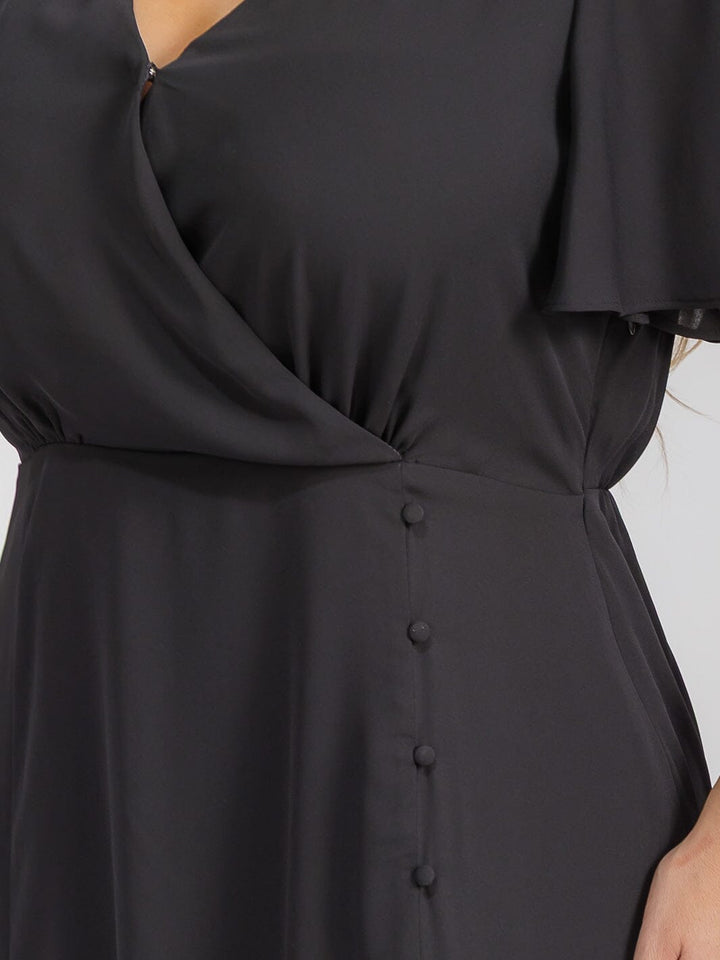 PUS SIZE SHORT SLEEVE V-NECK SURPLICE FRONT SLIT MAXI GOWN DRESS