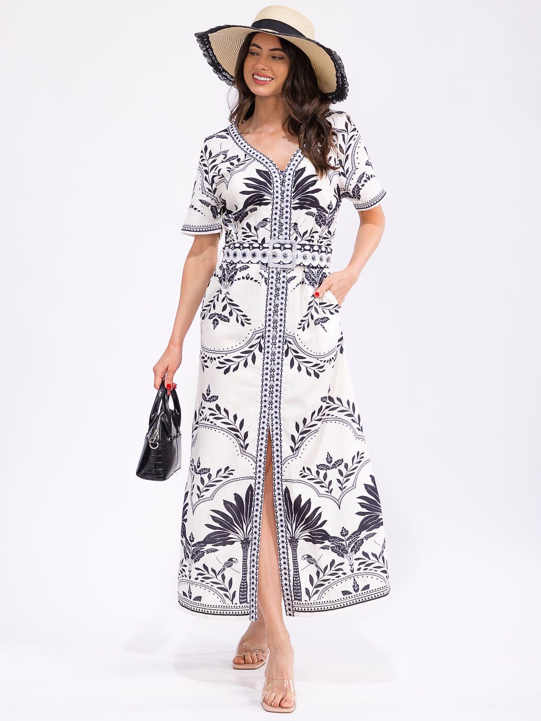 WOMEN'S SHORT SLEEVE BUTTON UP FRONT POCKETS LEAF PRINT MAXI DRESS
