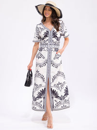 WOMEN'S SHORT SLEEVE BUTTON UP FRONT POCKETS LEAF PRINT MAXI DRESS