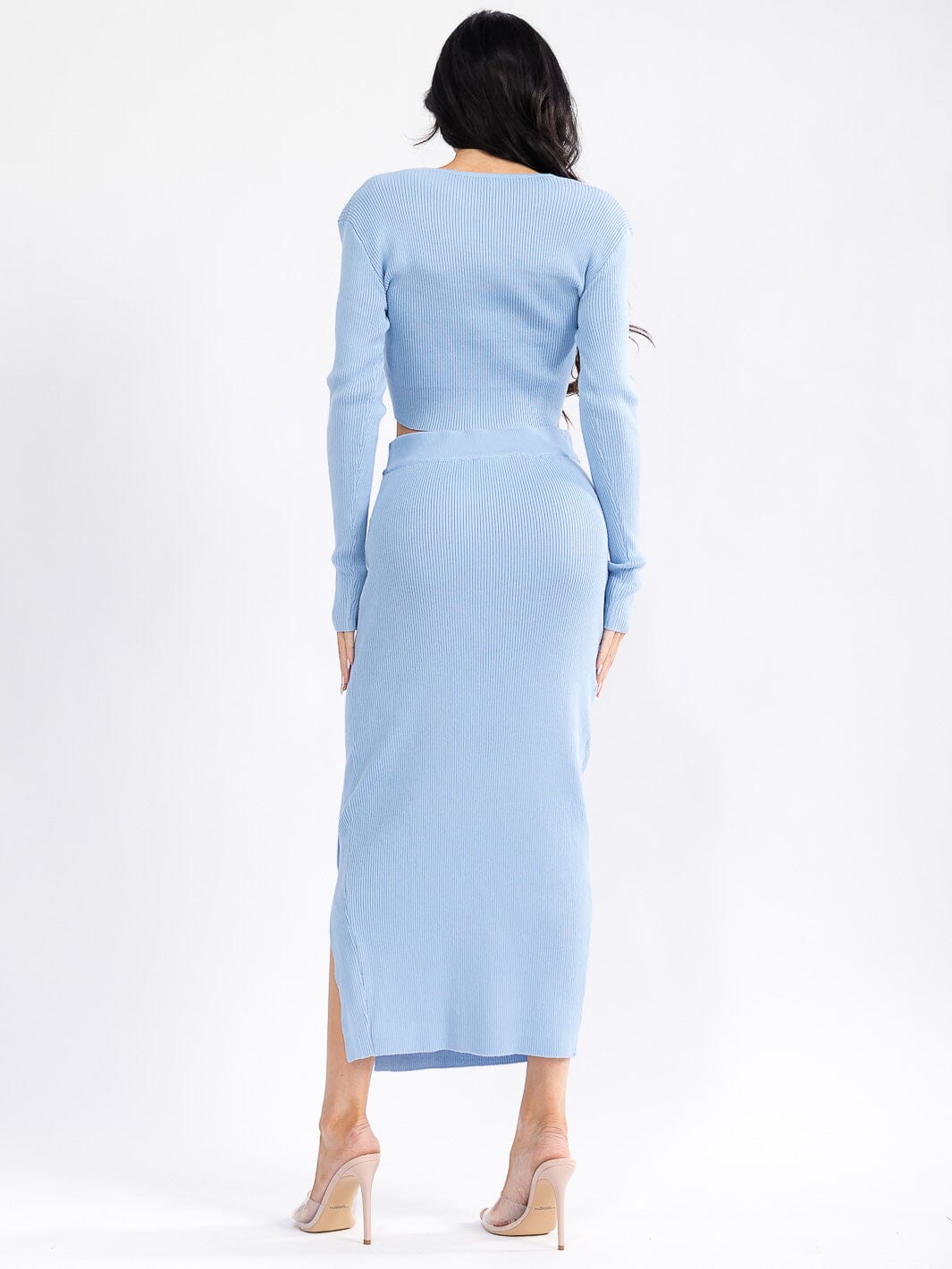 WOMEN'S LONG SLEEVE SURPLICE CROP TOP & ELASTIC WAIST MAXI SKIRT RIBBED 2PC. SET