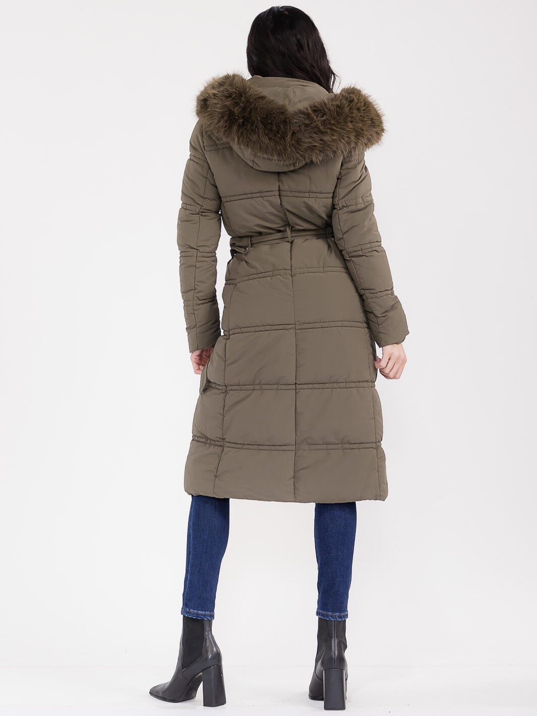 WOMEN'S LONG SLEEVE BUTTON CLOSURE POCKETS BELTED REMOVABLE PUFFER FAUX FUR HOODIE COAT