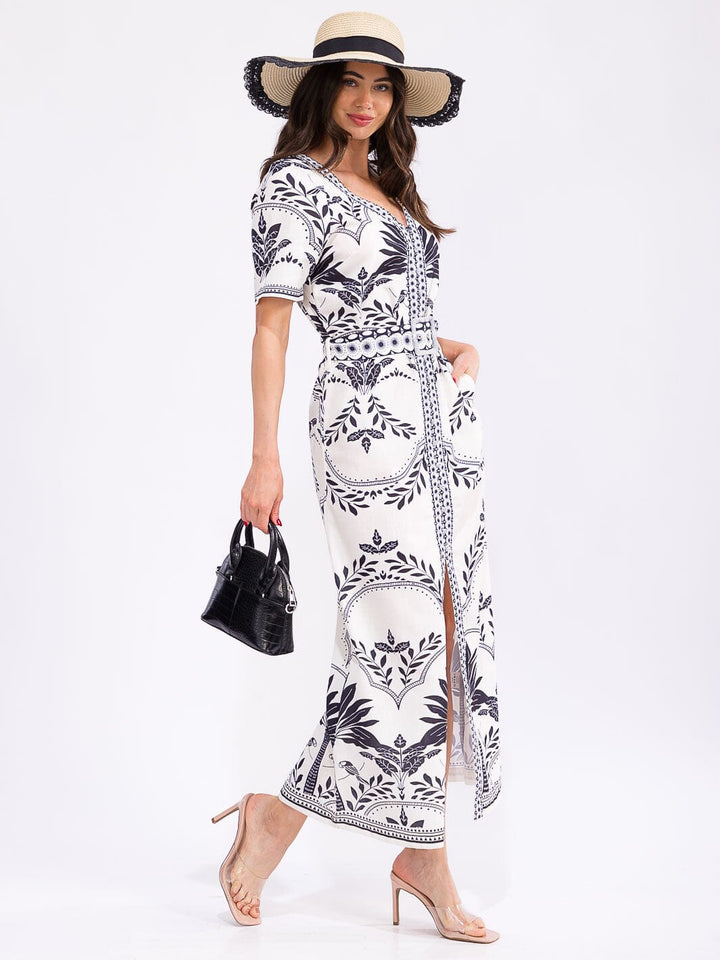 WOMEN'S SHORT SLEEVE BUTTON UP FRONT POCKETS LEAF PRINT MAXI DRESS