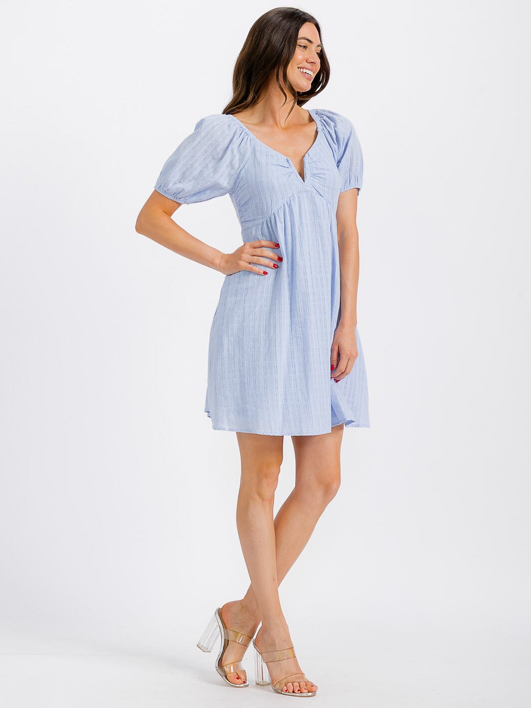 WOMEN'S SHORT SLEEVE V-NECK SMOCK OPEN BACK MINI DRESS