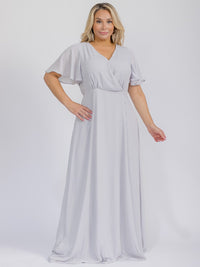PUS SIZE SHORT SLEEVE V-NECK SURPLICE FRONT SLIT MAXI GOWN DRESS