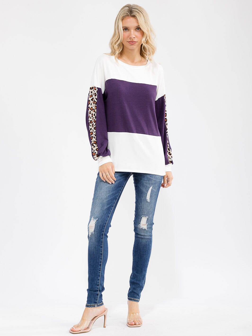 WOMEN'S LONG SLEEVE ANIMAL PRINT COLORBLOCK LOOSE FIT TOP