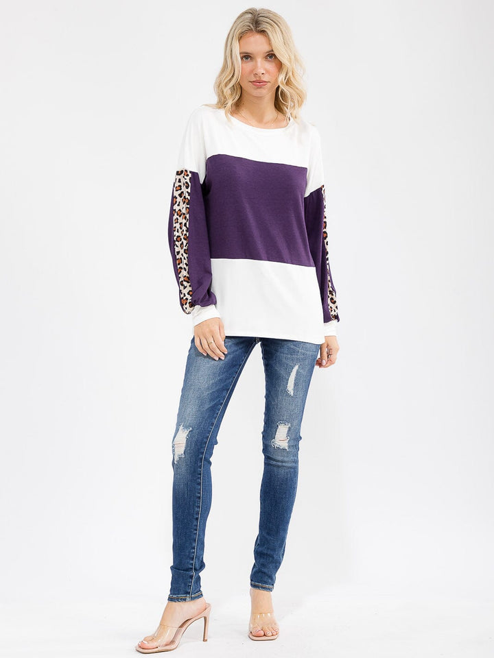 WOMEN'S LONG SLEEVE ANIMAL PRINT COLORBLOCK LOOSE FIT TOP