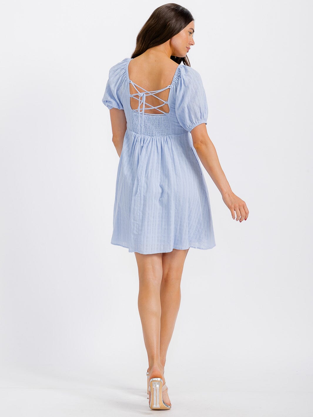 WOMEN'S SHORT SLEEVE V-NECK SMOCK OPEN BACK MINI DRESS