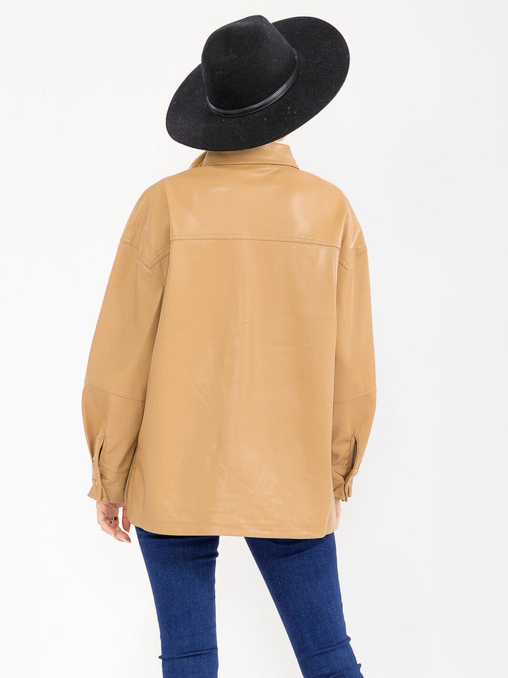 WOMEN'S LONG SLEEVE BUTTON CLOSURE FRONT POCKETS PU PLEATHER JACKET