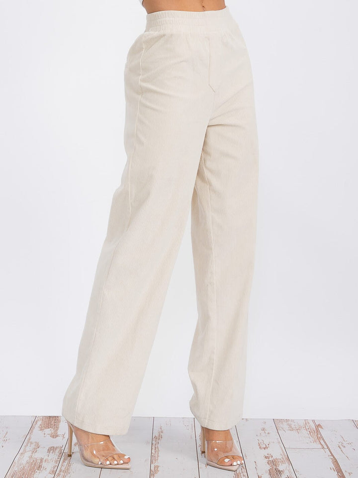 WOMEN'S ELASTIC WAIST WIDE LEG CORDUROY PANTS