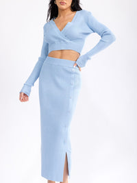 WOMEN'S LONG SLEEVE SURPLICE CROP TOP & ELASTIC WAIST MAXI SKIRT RIBBED 2PC. SET