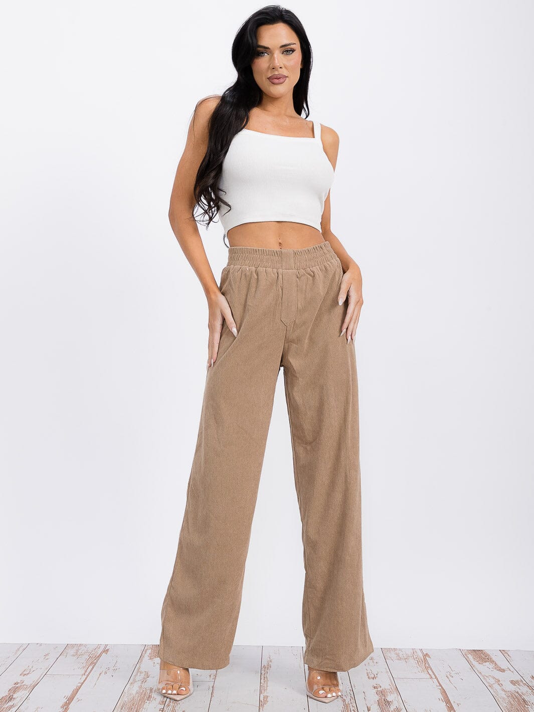 WOMEN'S ELASTIC WAIST WIDE LEG CORDUROY PANTS