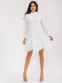WOMEN'S LONG SLEEVE MOCK NECK EYELET DETAILED MINI DRESS