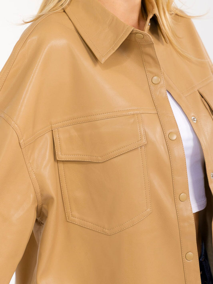 WOMEN'S LONG SLEEVE BUTTON CLOSURE FRONT POCKETS PU PLEATHER JACKET