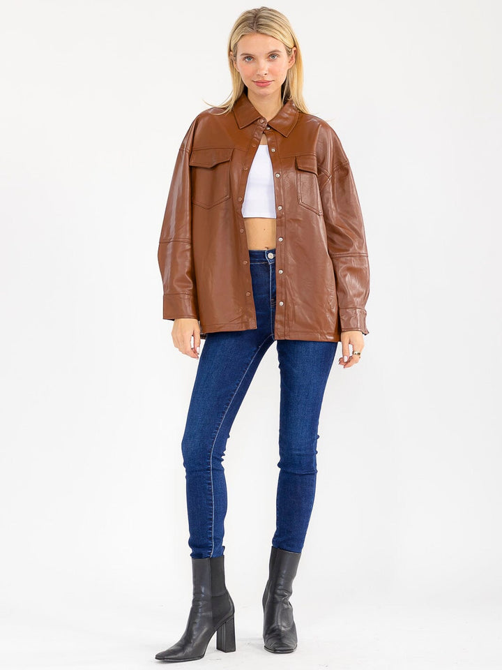 WOMEN'S LONG SLEEVE BUTTON CLOSURE FRONT POCKETS PU PLEATHER JACKET