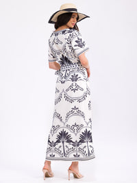 WOMEN'S SHORT SLEEVE BUTTON UP FRONT POCKETS LEAF PRINT MAXI DRESS