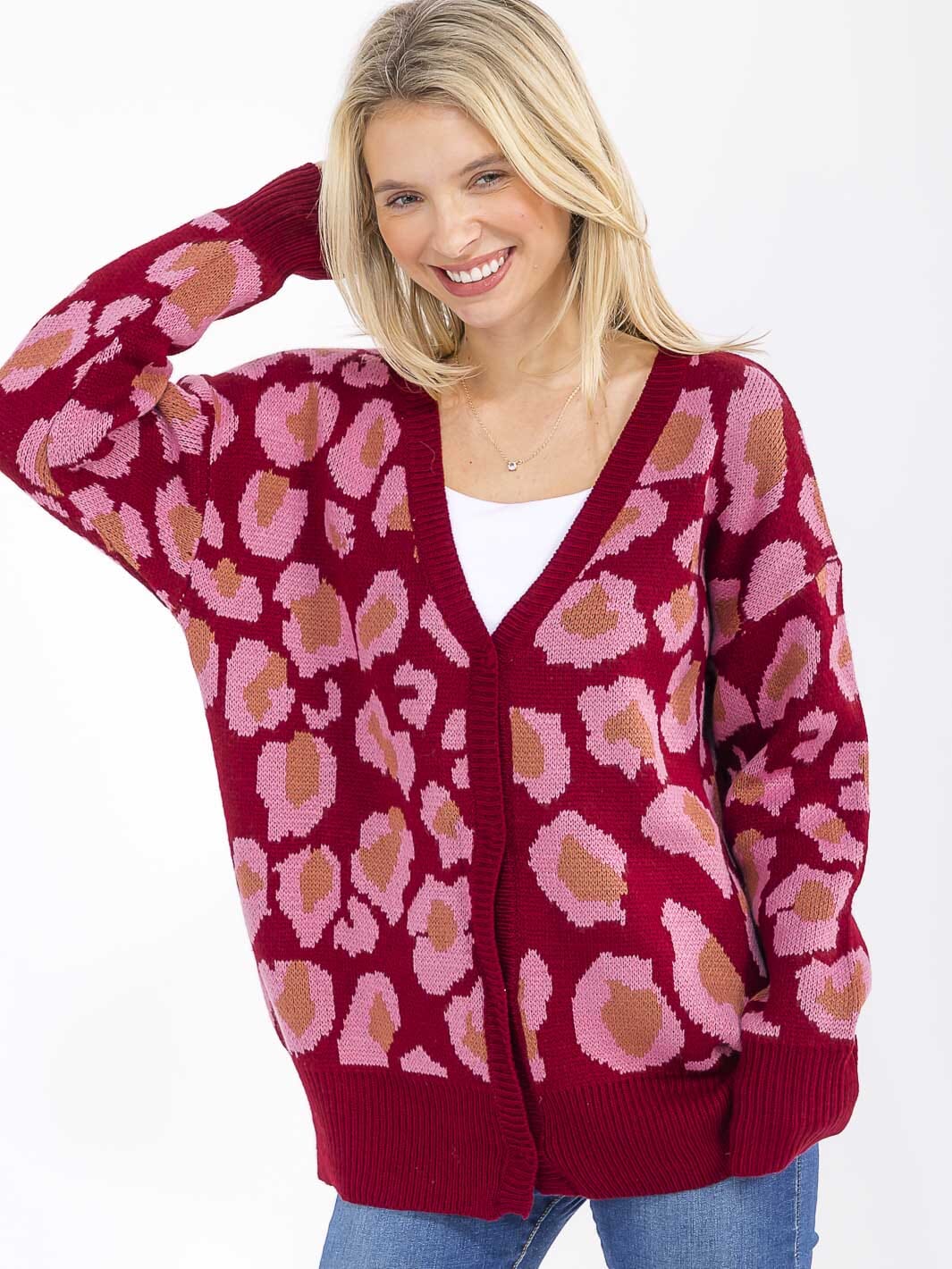 WOMEN'S LONG SLEEVE BUTTON CLOSURE PRINT SWEATER