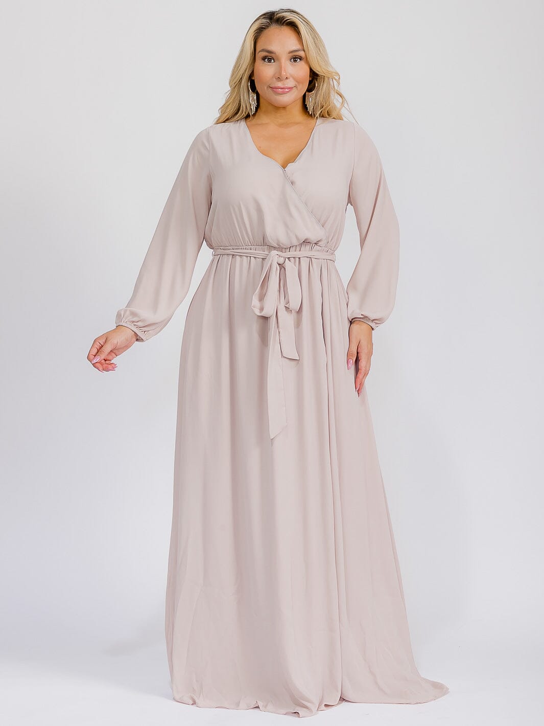 PUS SIZE LONG SLEEVE SELF TIE SURPLICE MAXI GOWN DRESS