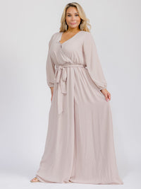 PUS SIZE LONG SLEEVE SELF TIE SURPLICE MAXI GOWN DRESS