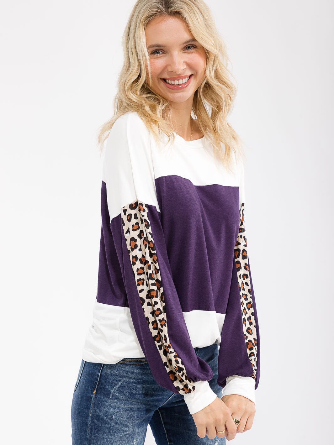 WOMEN'S LONG SLEEVE ANIMAL PRINT COLORBLOCK LOOSE FIT TOP