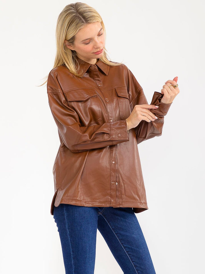 WOMEN'S LONG SLEEVE BUTTON CLOSURE FRONT POCKETS PU PLEATHER JACKET
