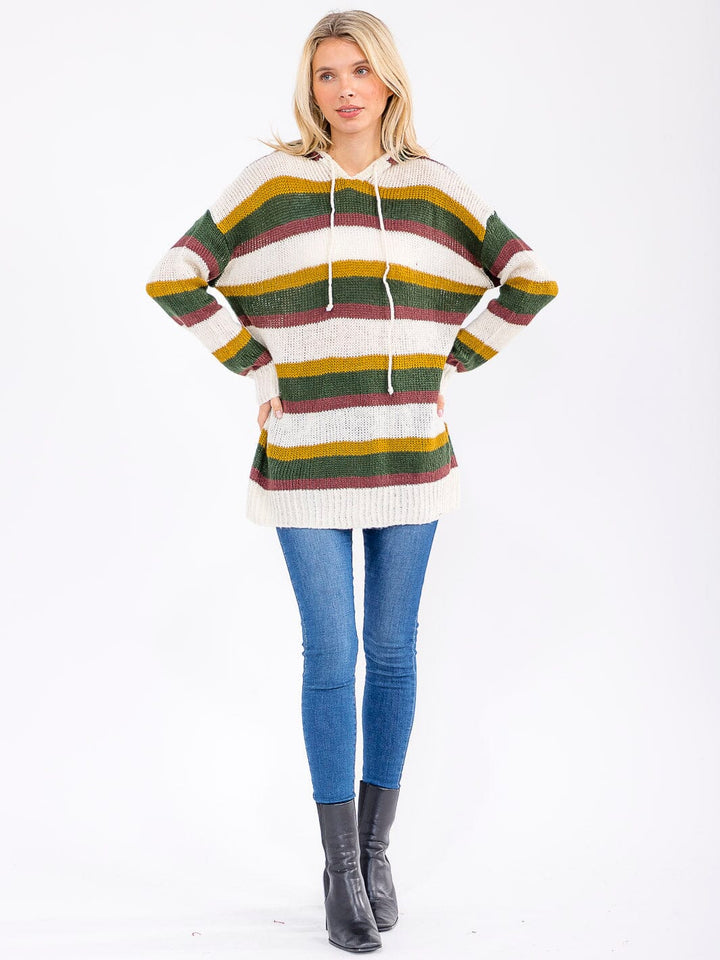 WOMEN'S LONG SLEEVE HOODED OVERSIZED PULLOVER COLORBLOCK STRIPES SWEATER