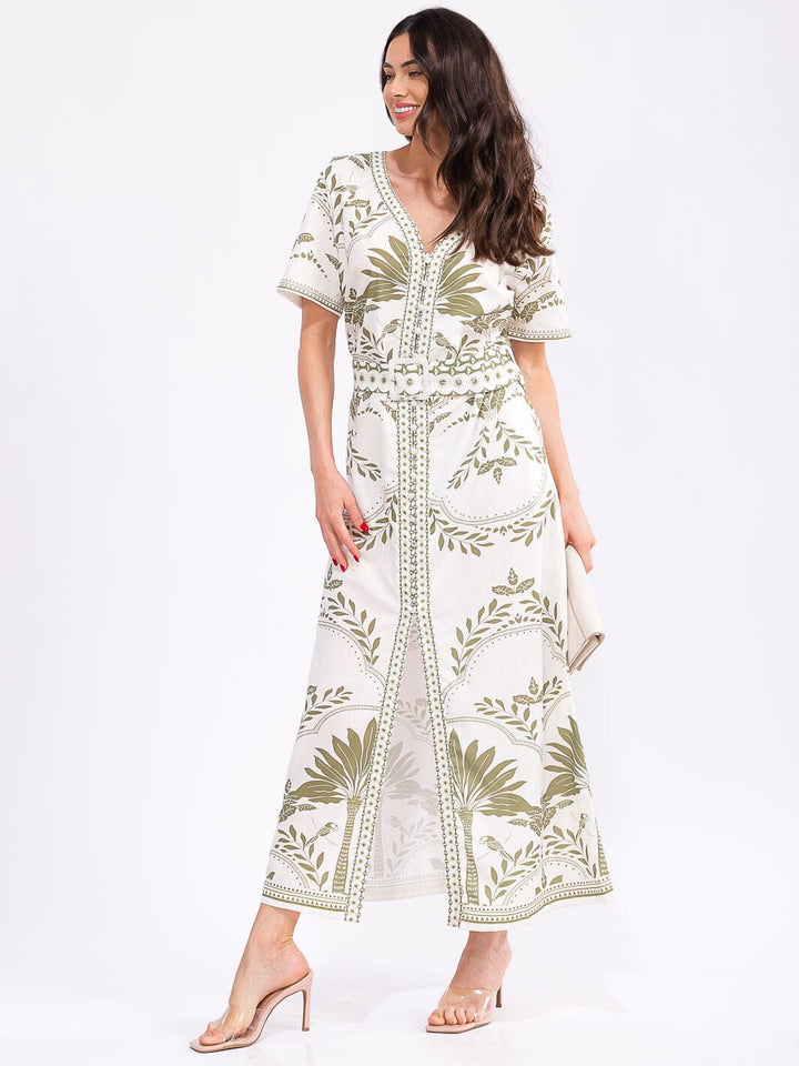 WOMEN'S SHORT SLEEVE BUTTON UP FRONT POCKETS LEAF PRINT MAXI DRESS