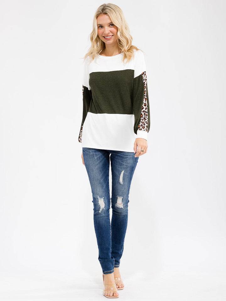 WOMEN'S LONG SLEEVE ANIMAL PRINT COLORBLOCK LOOSE FIT TOP