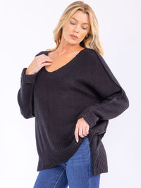 WOMEN'S LONG SLEEVE V-NECK KNIT HIGH-LOW PULLOVER SWEATER
