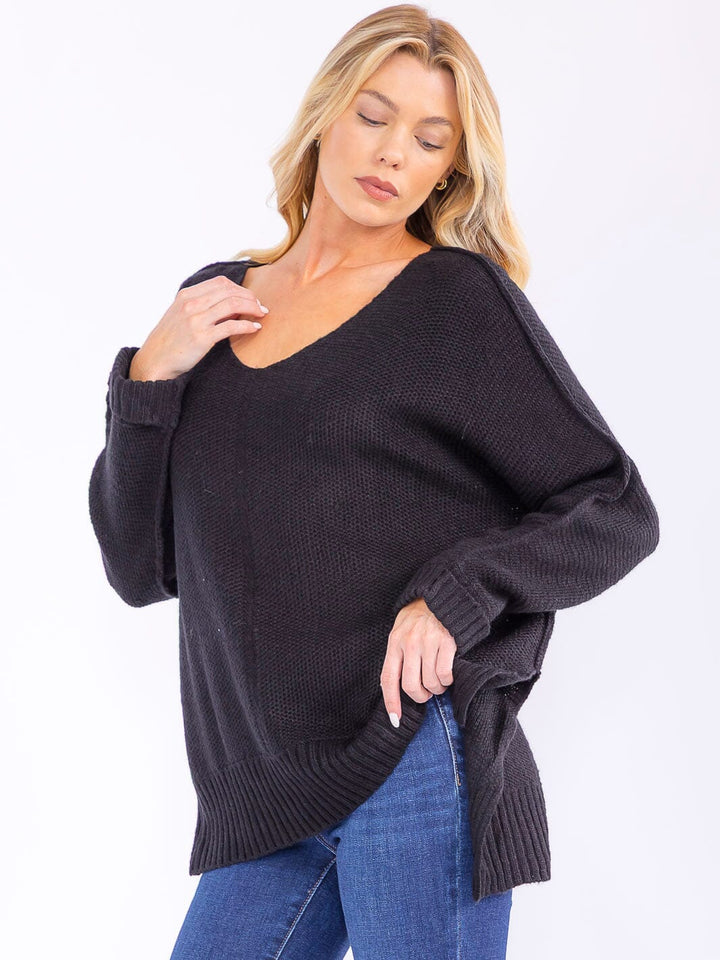 WOMEN'S LONG SLEEVE V-NECK KNIT HIGH-LOW PULLOVER SWEATER