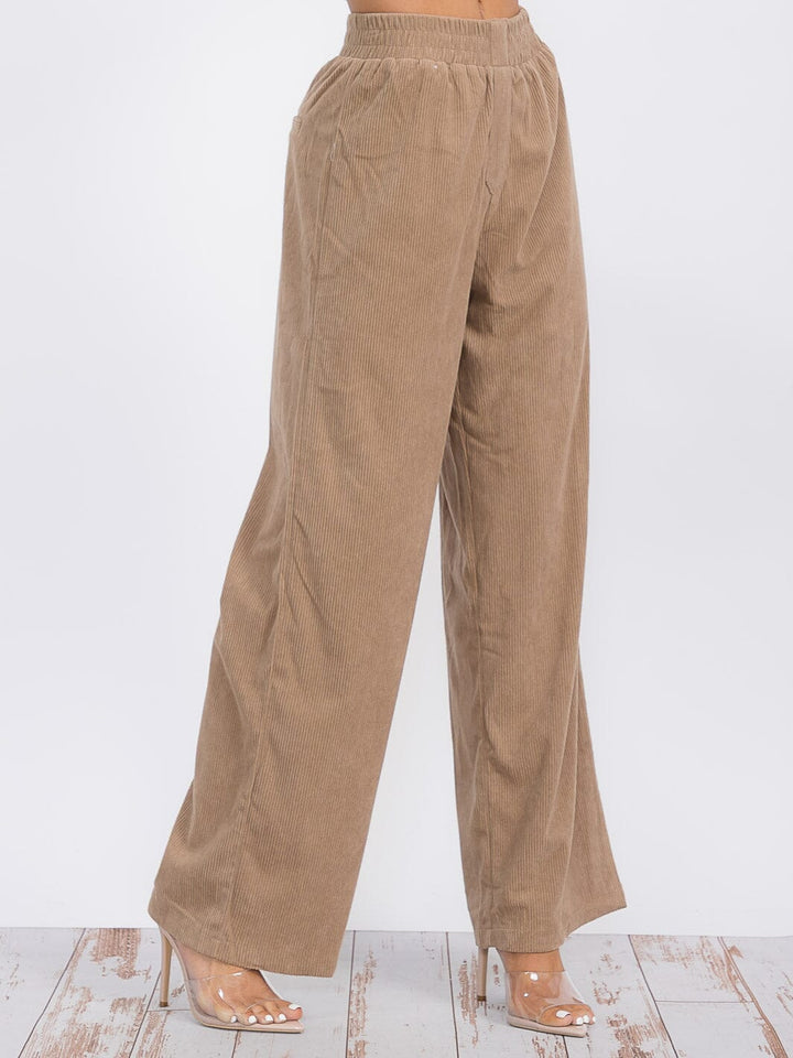 WOMEN'S ELASTIC WAIST WIDE LEG CORDUROY PANTS
