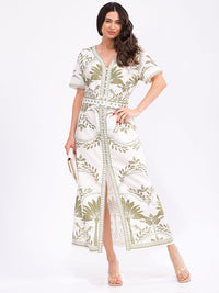 WOMEN'S SHORT SLEEVE BUTTON UP FRONT POCKETS LEAF PRINT MAXI DRESS