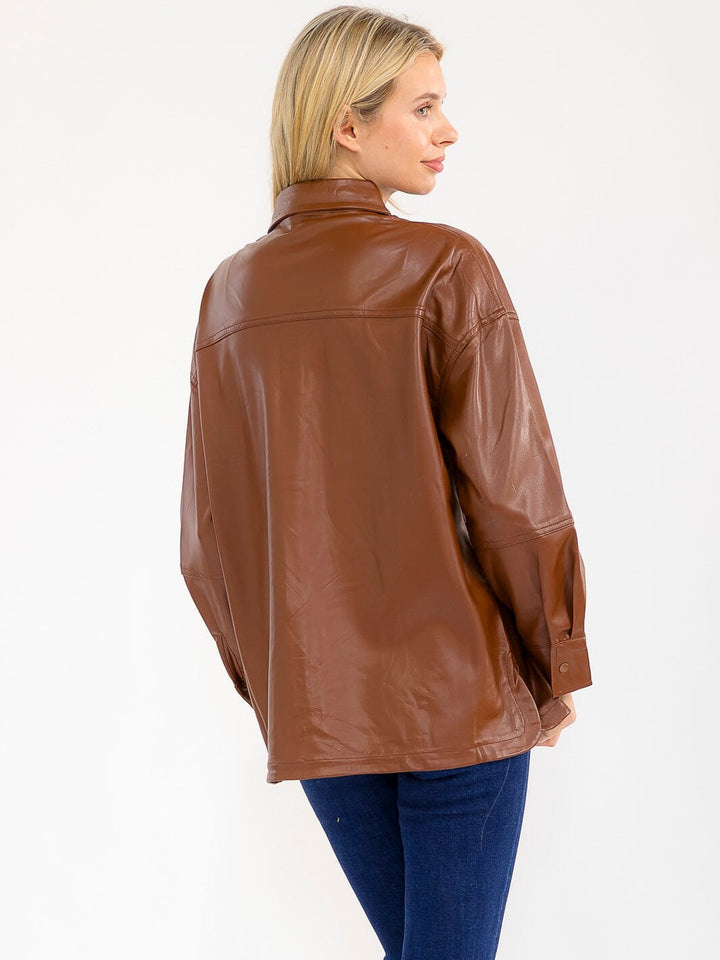 WOMEN'S LONG SLEEVE BUTTON CLOSURE FRONT POCKETS PU PLEATHER JACKET