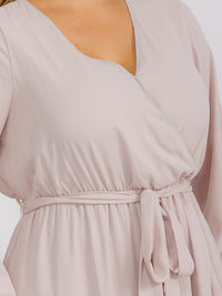PUS SIZE LONG SLEEVE SELF TIE SURPLICE MAXI GOWN DRESS